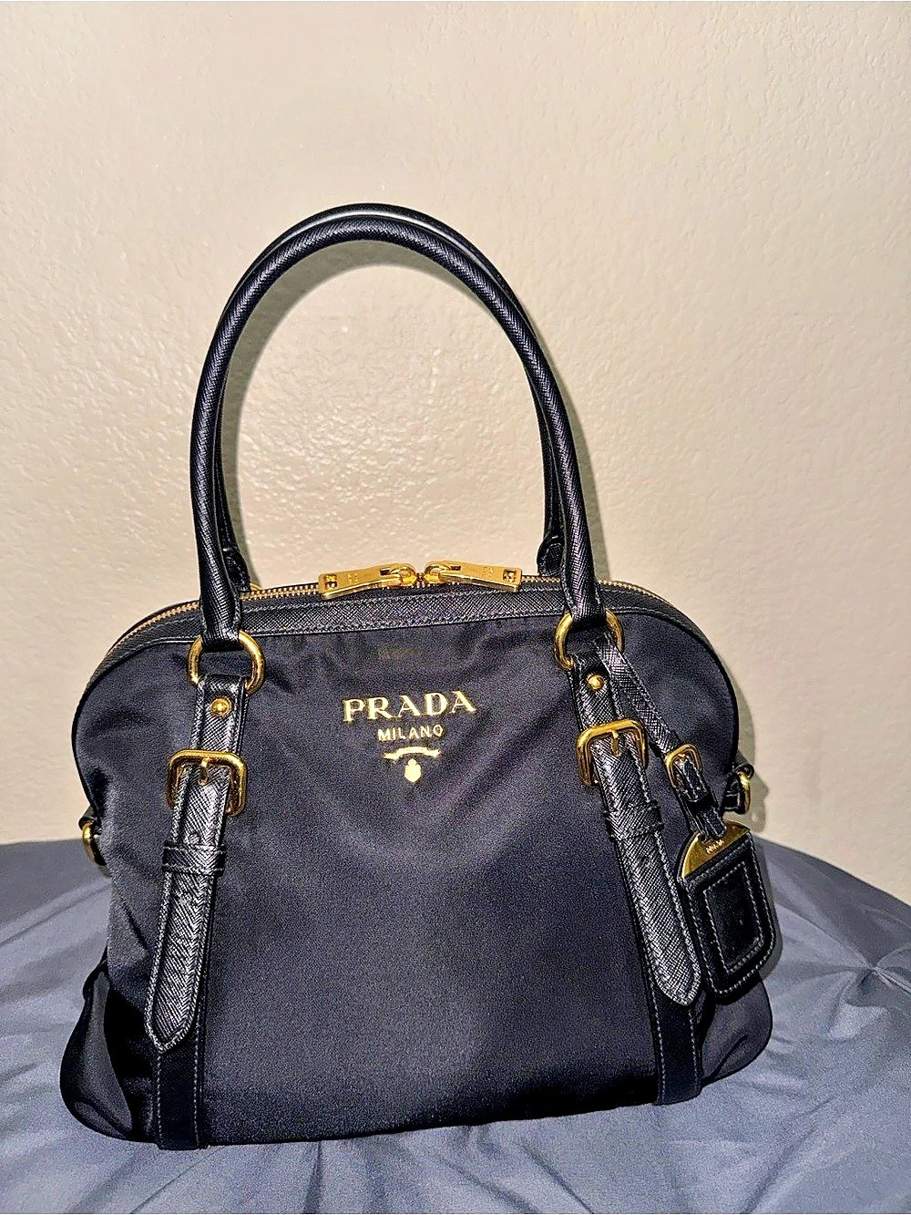 Prada Womens Tessuto Nylon Saffiano
Leather Black Handbag